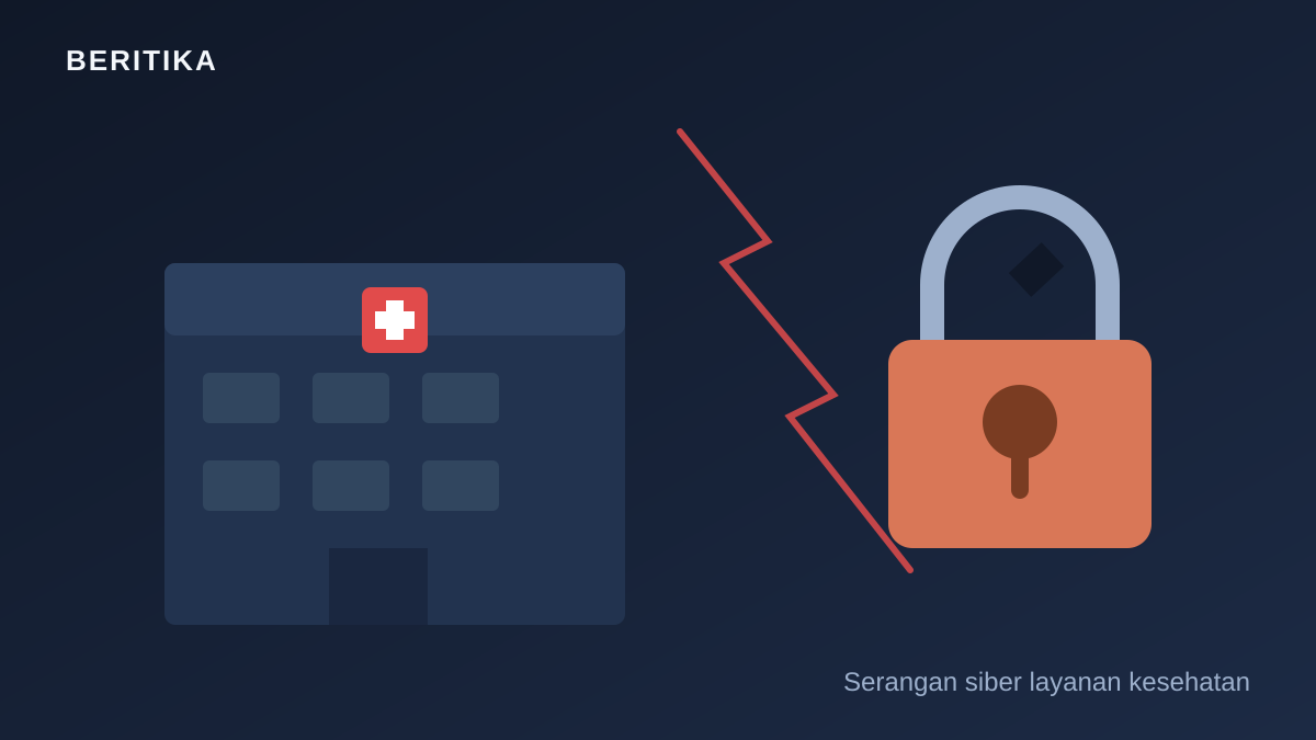 Illustration of a broken padlock in front of a hospital building, symbolising a cyber attack on healthcare services