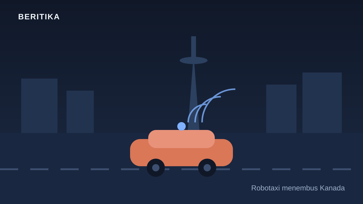 Illustration of a robotaxi with lidar sensor waves driving on a Toronto street with the CN Tower silhouette in the background